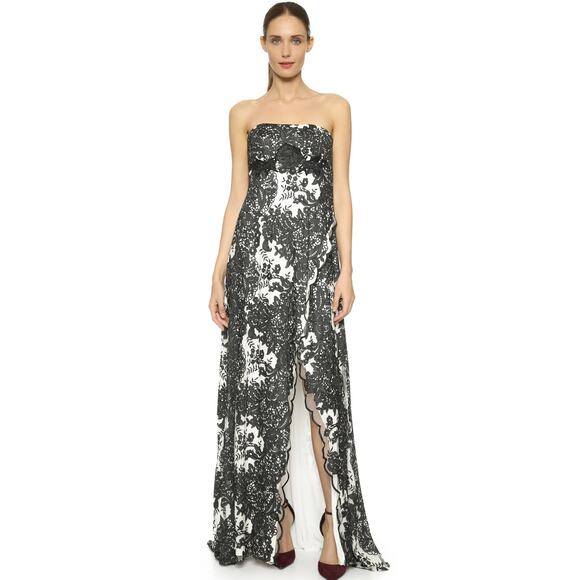 MARCHESA NOTTE Strapless Evening Lace Gown Scalloped High Slit Black 0 $1100 - Picture 1 of 12